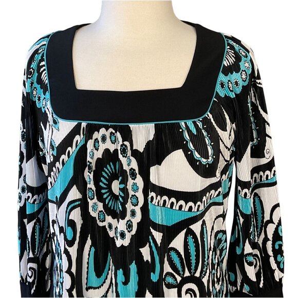 Covington 3/4 Sleeve Square Neck Accordion Pleat Retro Floral Blk Wh Teal Top LG - Picture 3 of 10